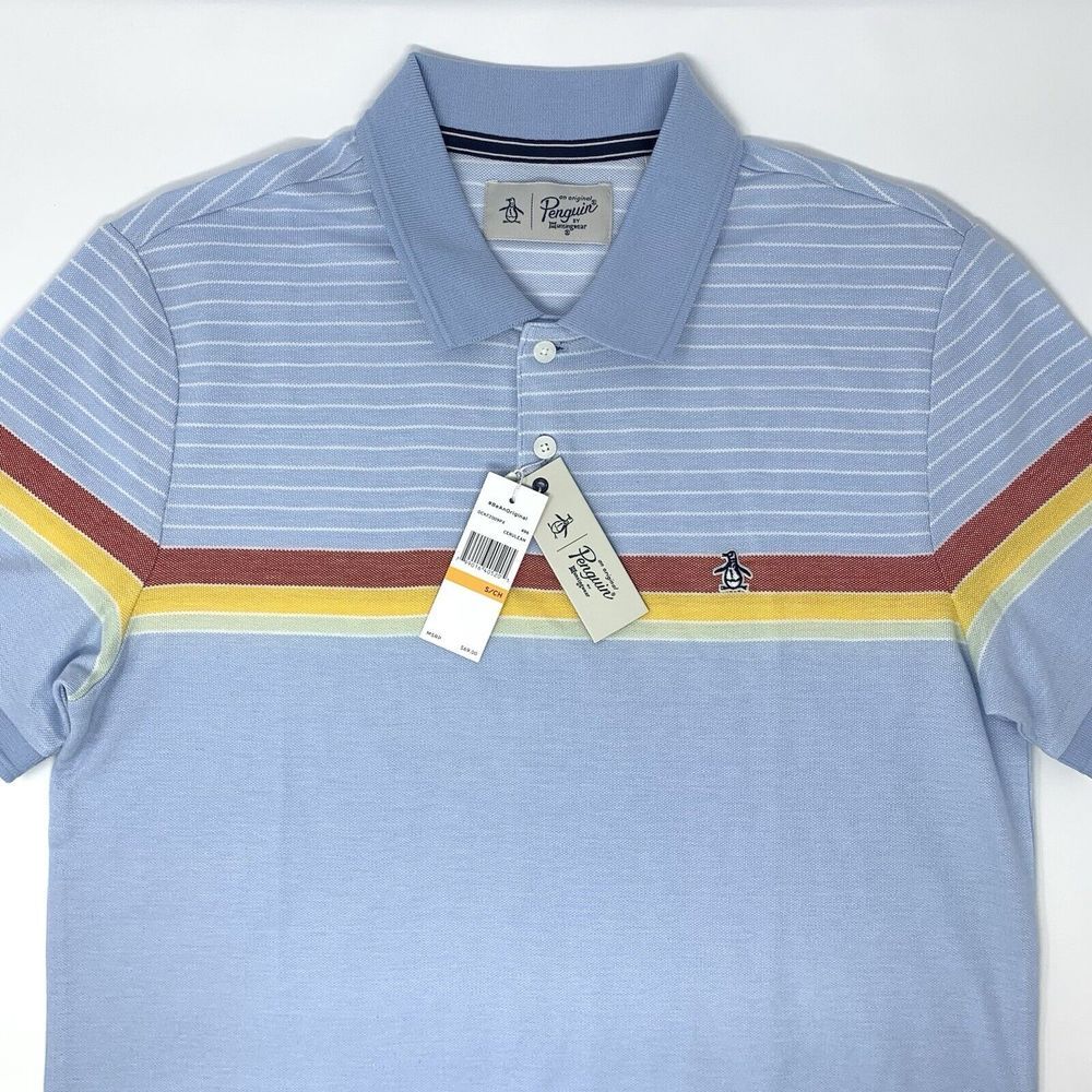 Original Penguin Cerulean Blue Stripe Men's Short Sleeve Polo Shirt Size‎ Small